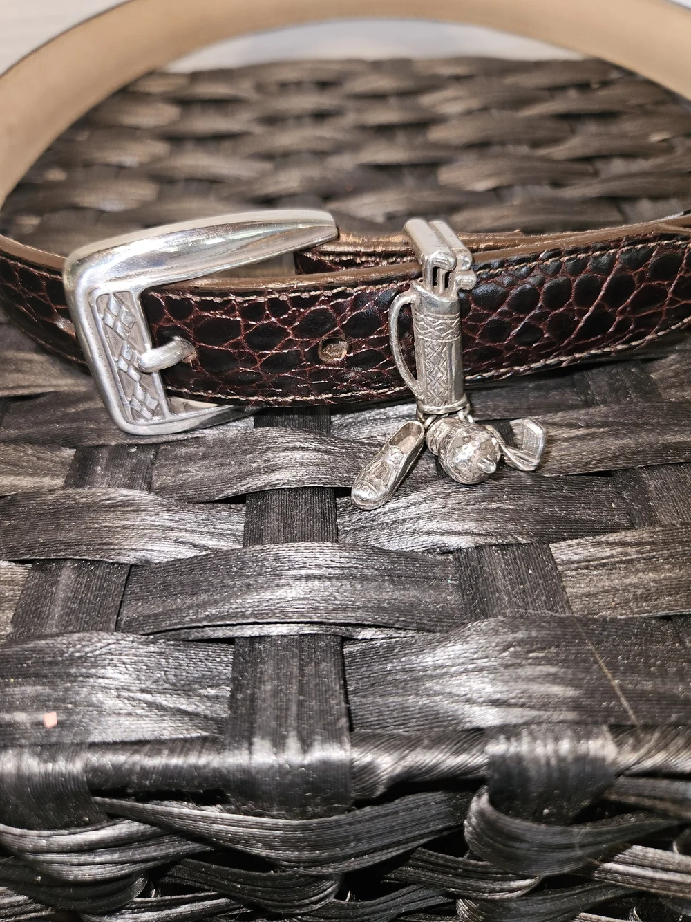 Brighton Dark Brown Croc-Embossed Leather Belt with Silver Hardware